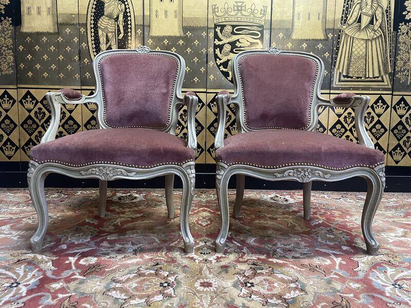 Pair of Louis XV style cabriolet armchairs with velvet upholstery