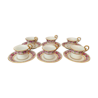 Set of 6 cups and sub-cups in Limoges porcelain