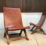 Set of 2 Spanish high-back leather slipper chairs by Pierre Lottier, 1950s