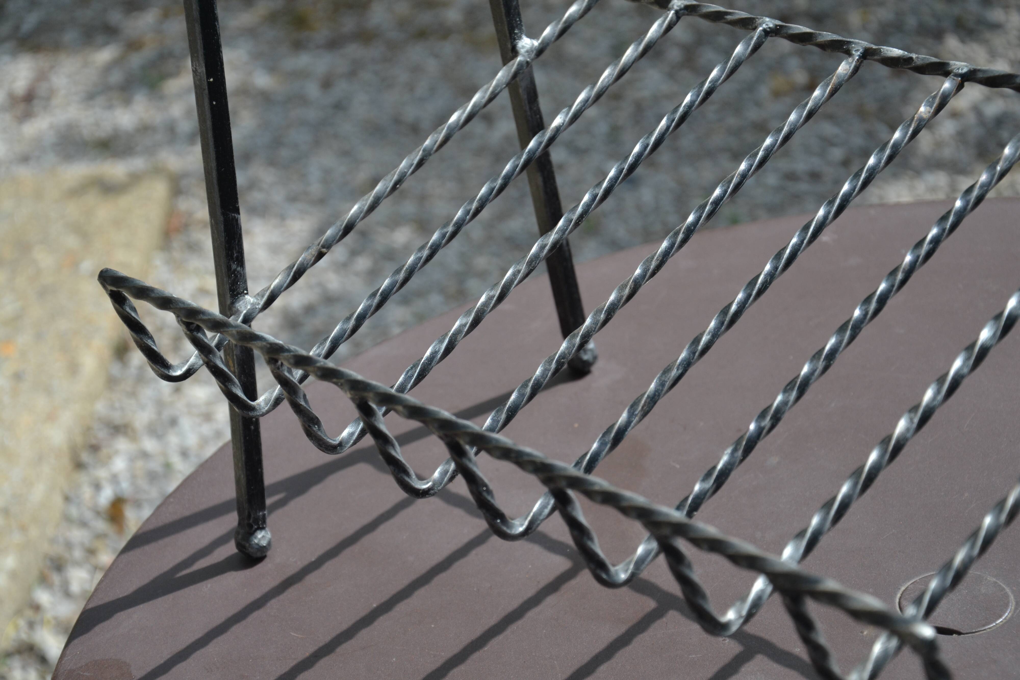 Magazine rack with oak and wrought iron shelf, 60s-70s