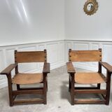 Pair of leather and walnut armchairs from the 1950s