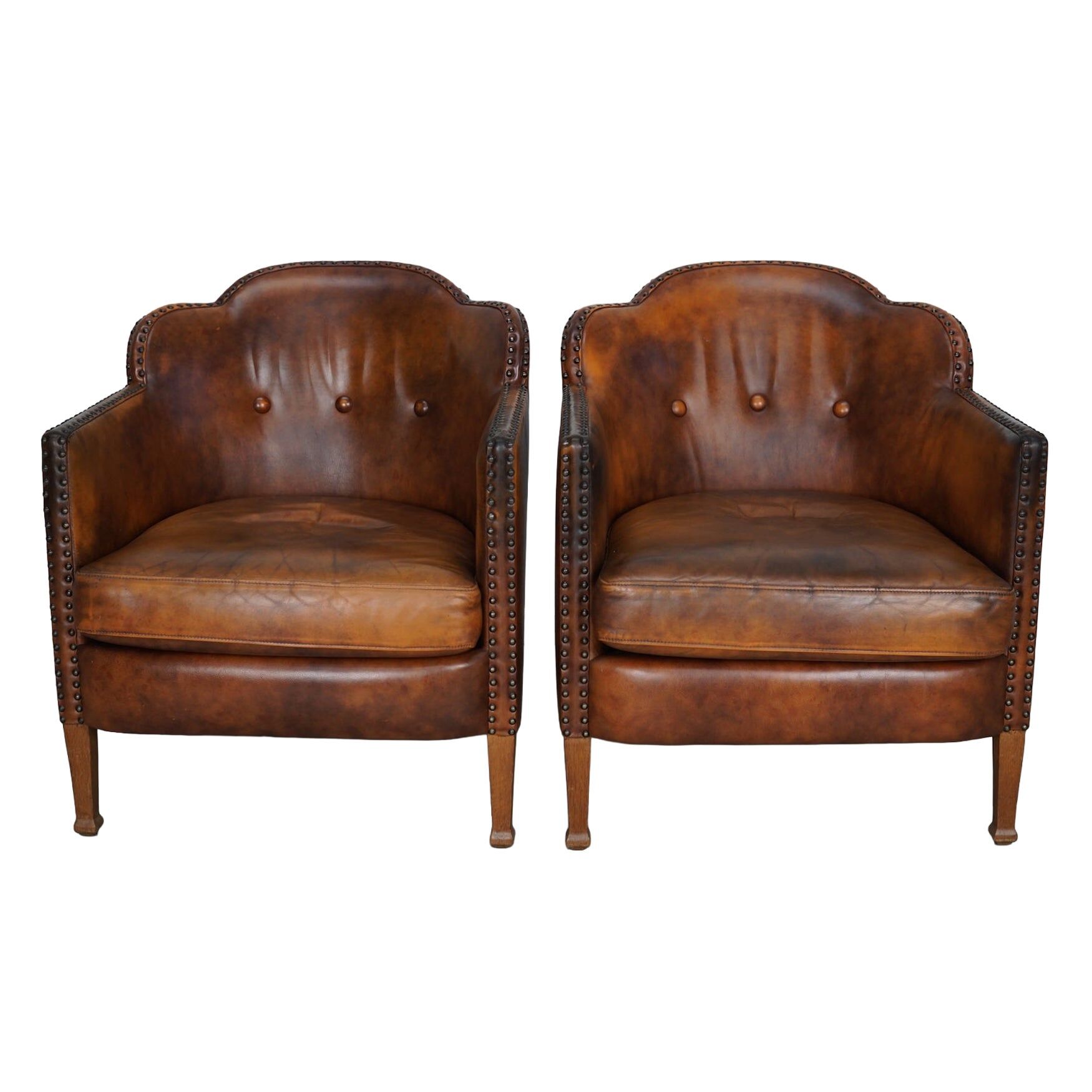 Vintage Dutch Cognac-Coloured Leather Club Chair, Lot of 2