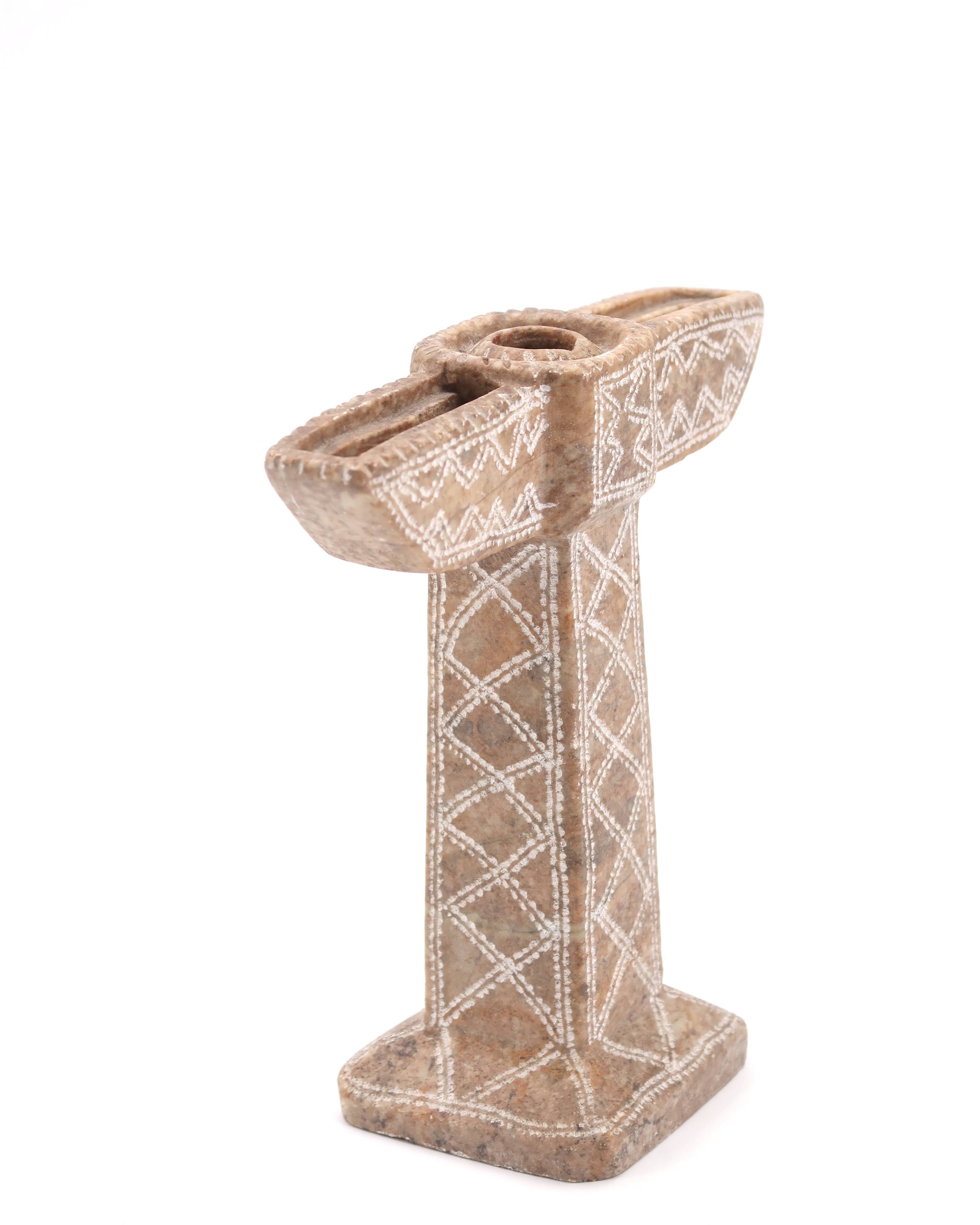 Moroccan candle holder in beige stone, 1970s