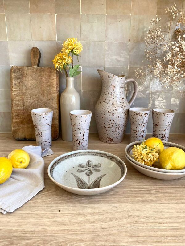 Service à orangeade en grès moucheté signé Farah, Vallauris années 1960-70