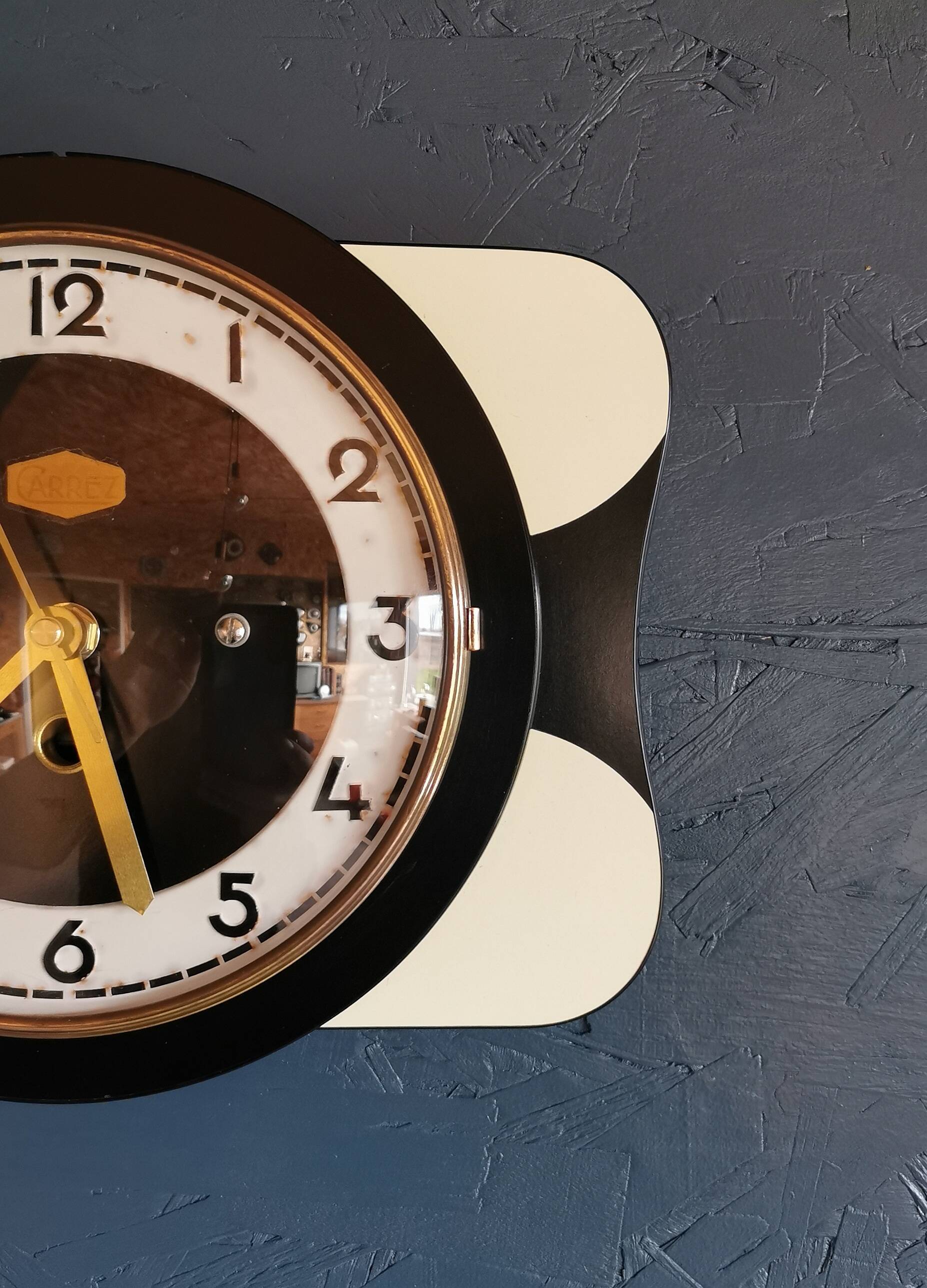 Vintage formica clock rectangular silent wall pendulum "Carrez black white"