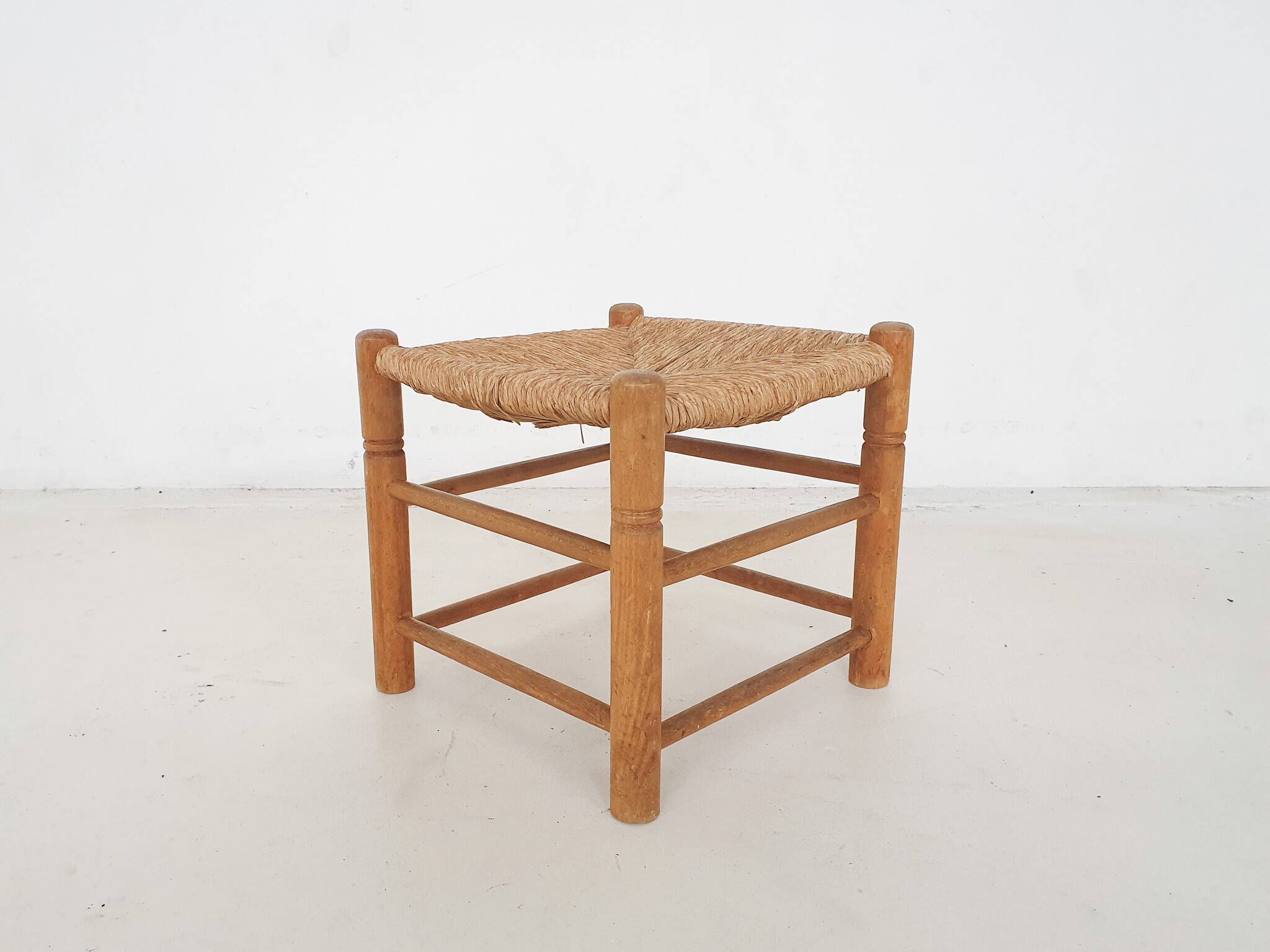 Vintage rattan and wooden stool, France, 1960's