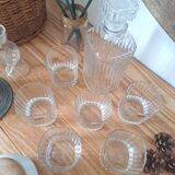 Ribbed whiskey glasses and decanter