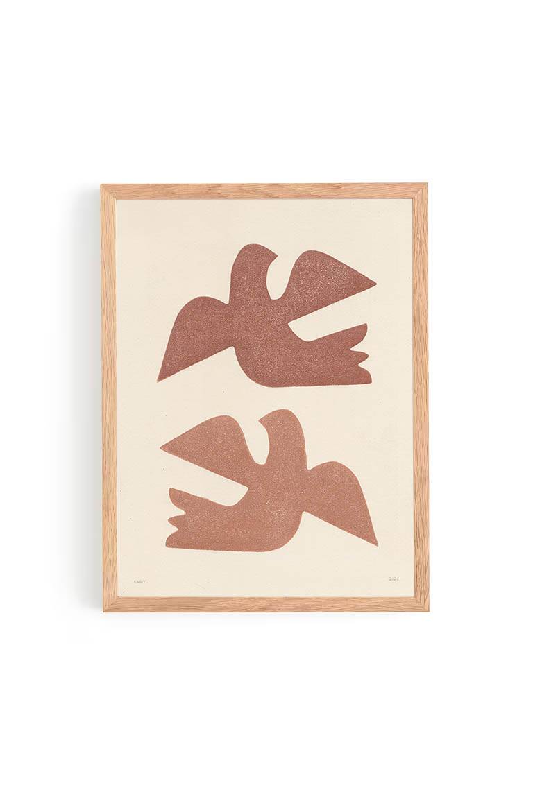 Birds - painting on paper - 30x40cm terracotta - signed Eawy