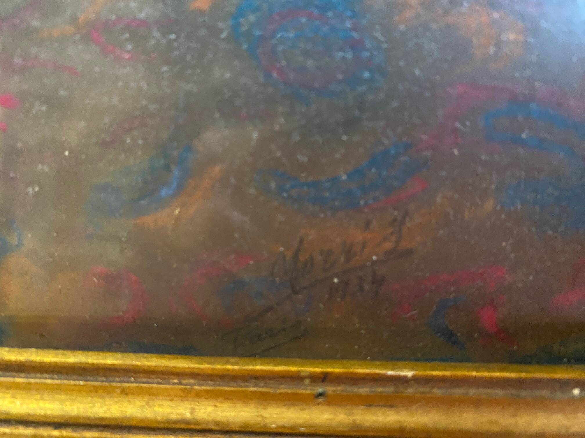 Animal painting cat minouche in gouache signed morris 1934 wooden frame