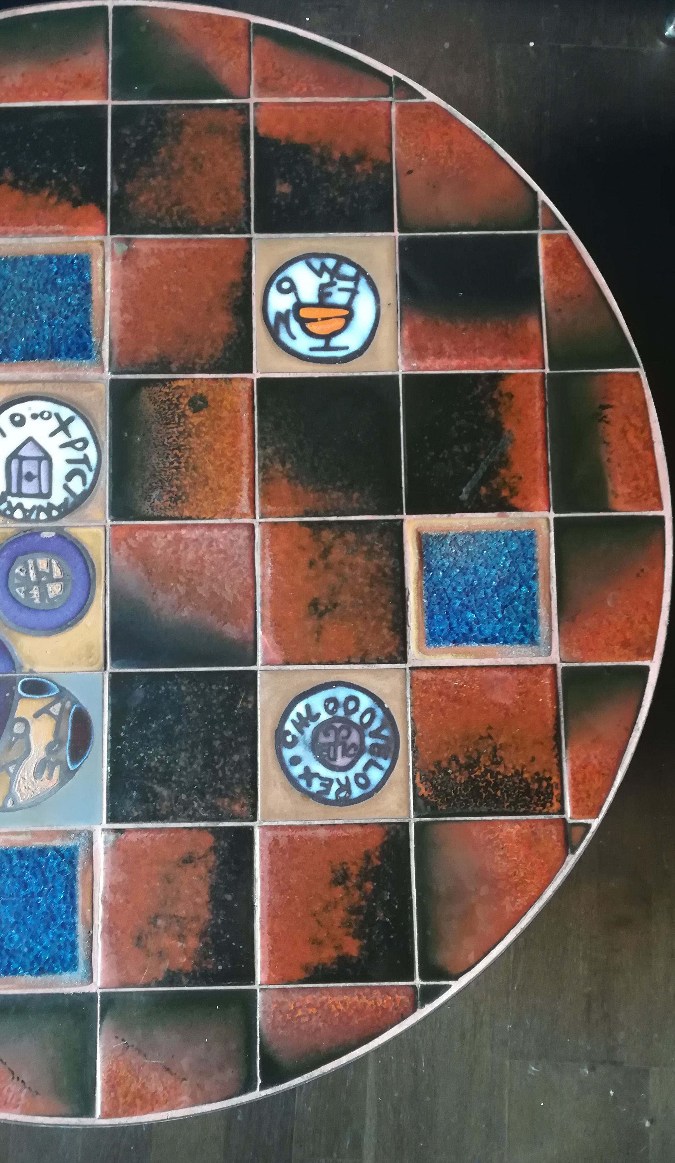 Coffee table, ceramic tray, metal feet, circa 1960