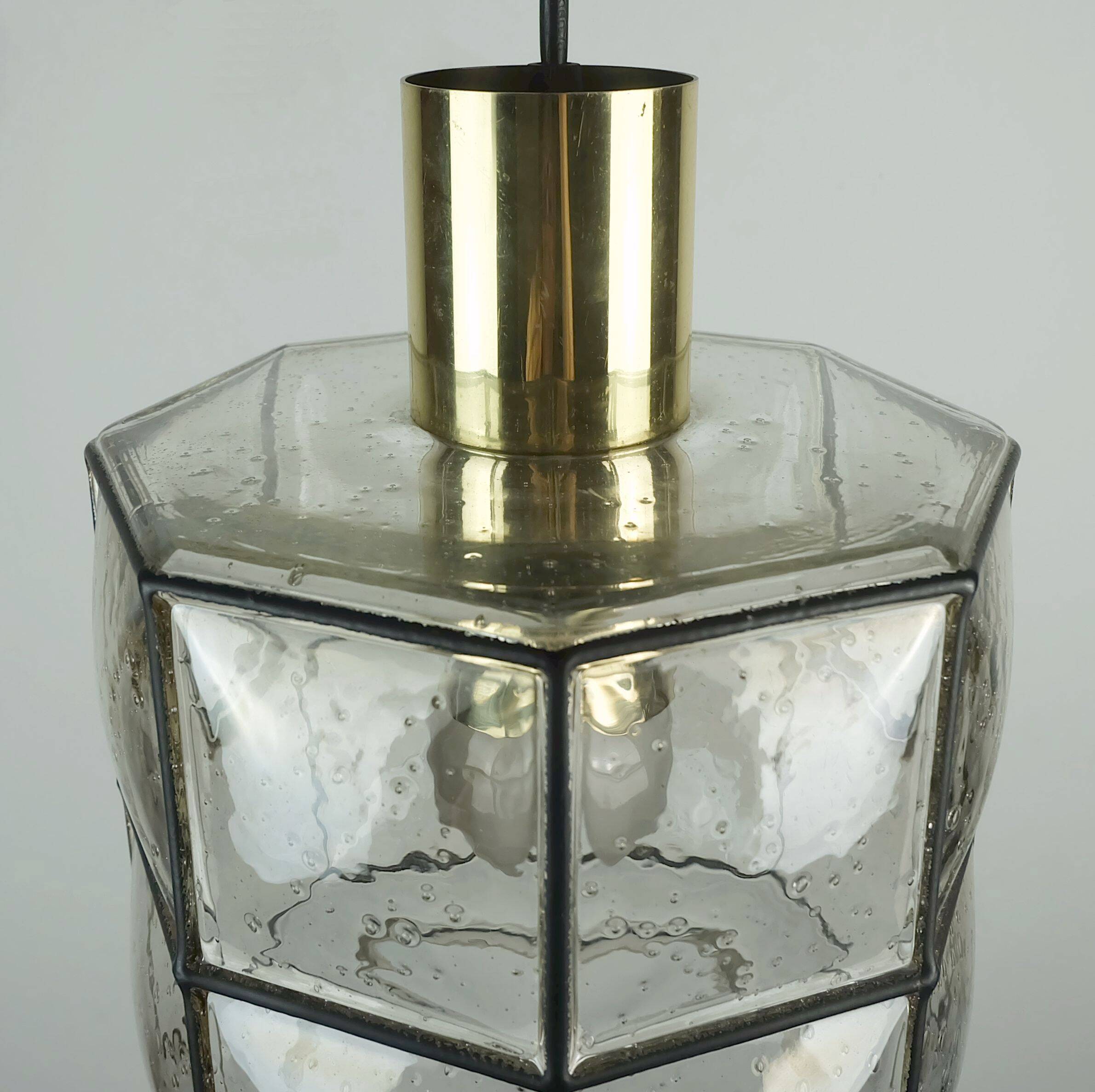 1960s 70s glashuette limburg PENDANT LAMP clear glass shade and brass
