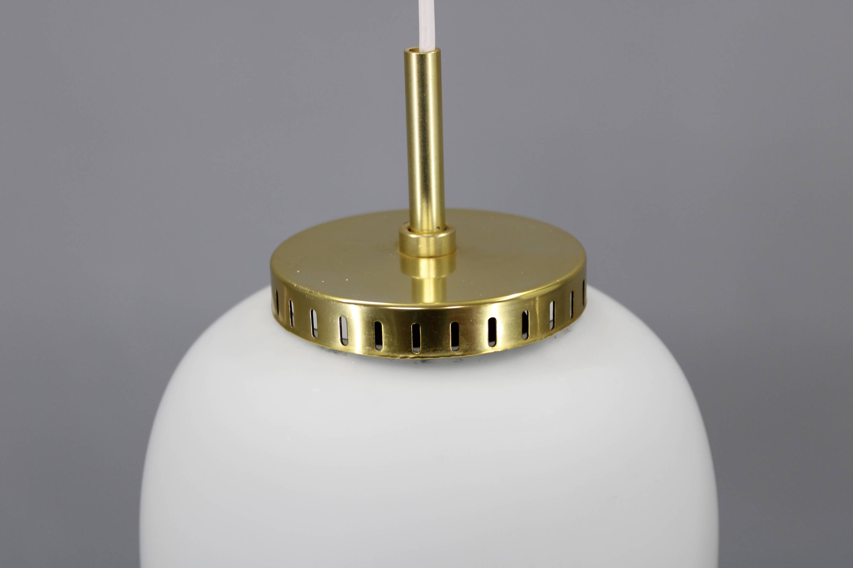 1970s Bent Karlby Pair of China Pendants of Opaline Glass and Brass by Lyfa