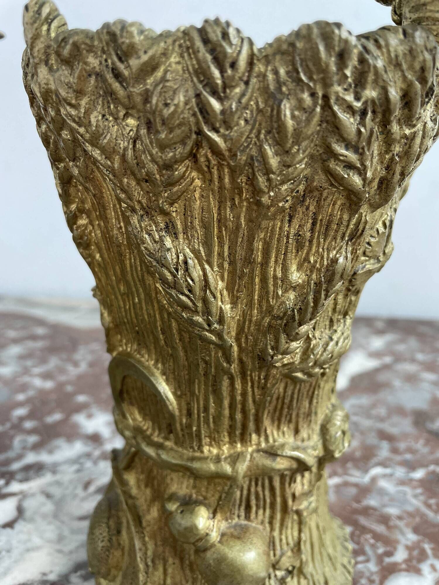 Pair of vases, solid bronze, gilded, early 20th century work, dove decoration, sheaf of wheat, art