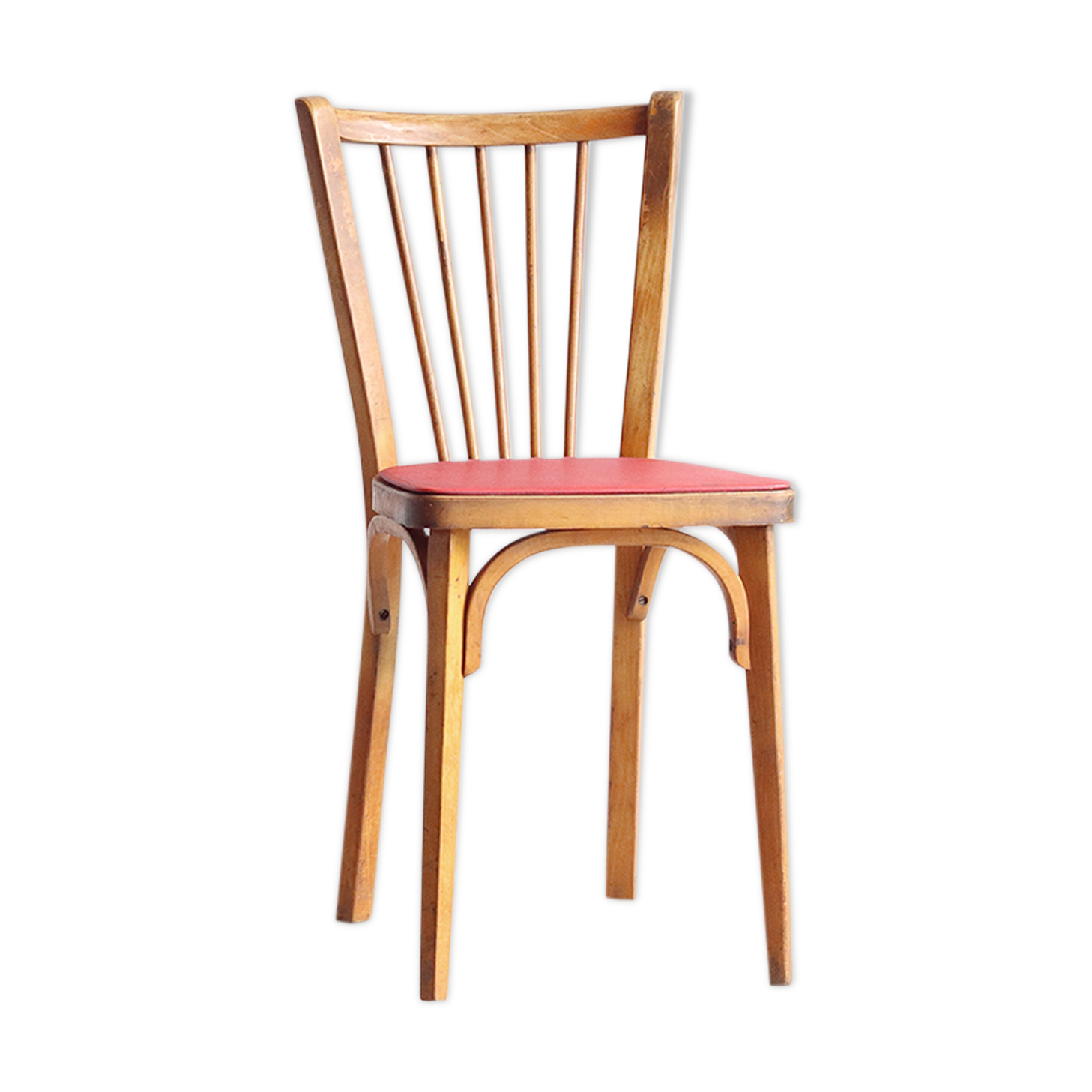 Bistro chair with bars of the 50s in wood and imitation red leather