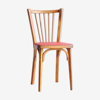 Bistro chair with bars of the 50s in wood and imitation red leather