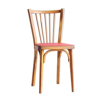 Chaise bistrot à barreaux des années 50 en bois et simili cuir rouge