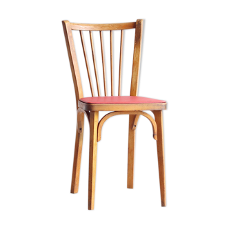 Bistro chair with bars of the 50s in wood and imitation red leather