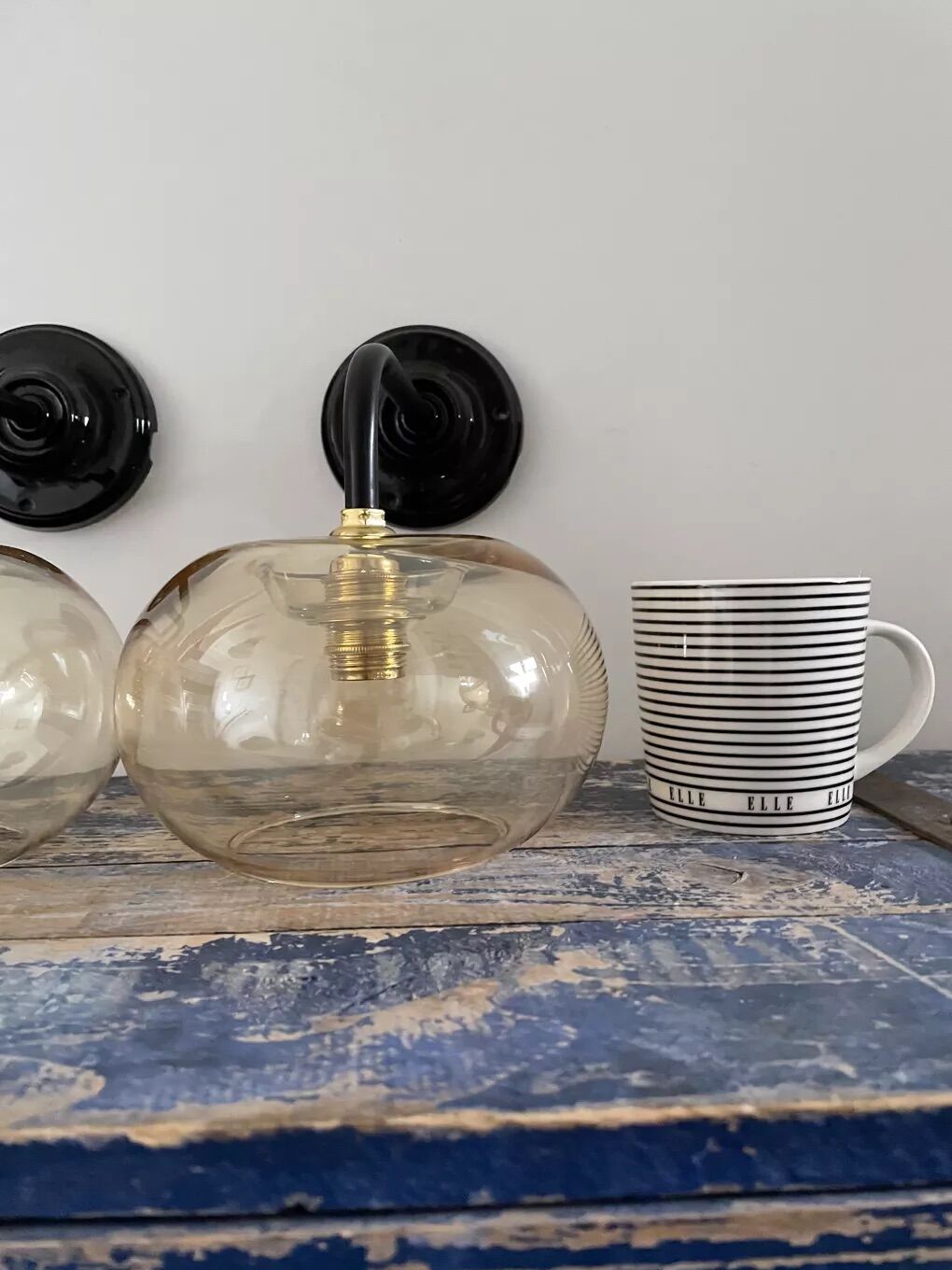 Pair of vintage electrified smoked glass wall lamps