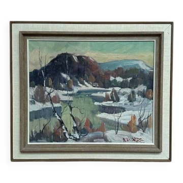 Swedish oil on panel “Winter Landscape” by Nils Dréme, vintage & framed 58×50cm