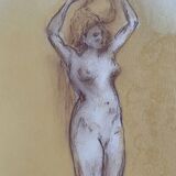 Tableau signé sanguine pastel portait féminin « la coiffure »