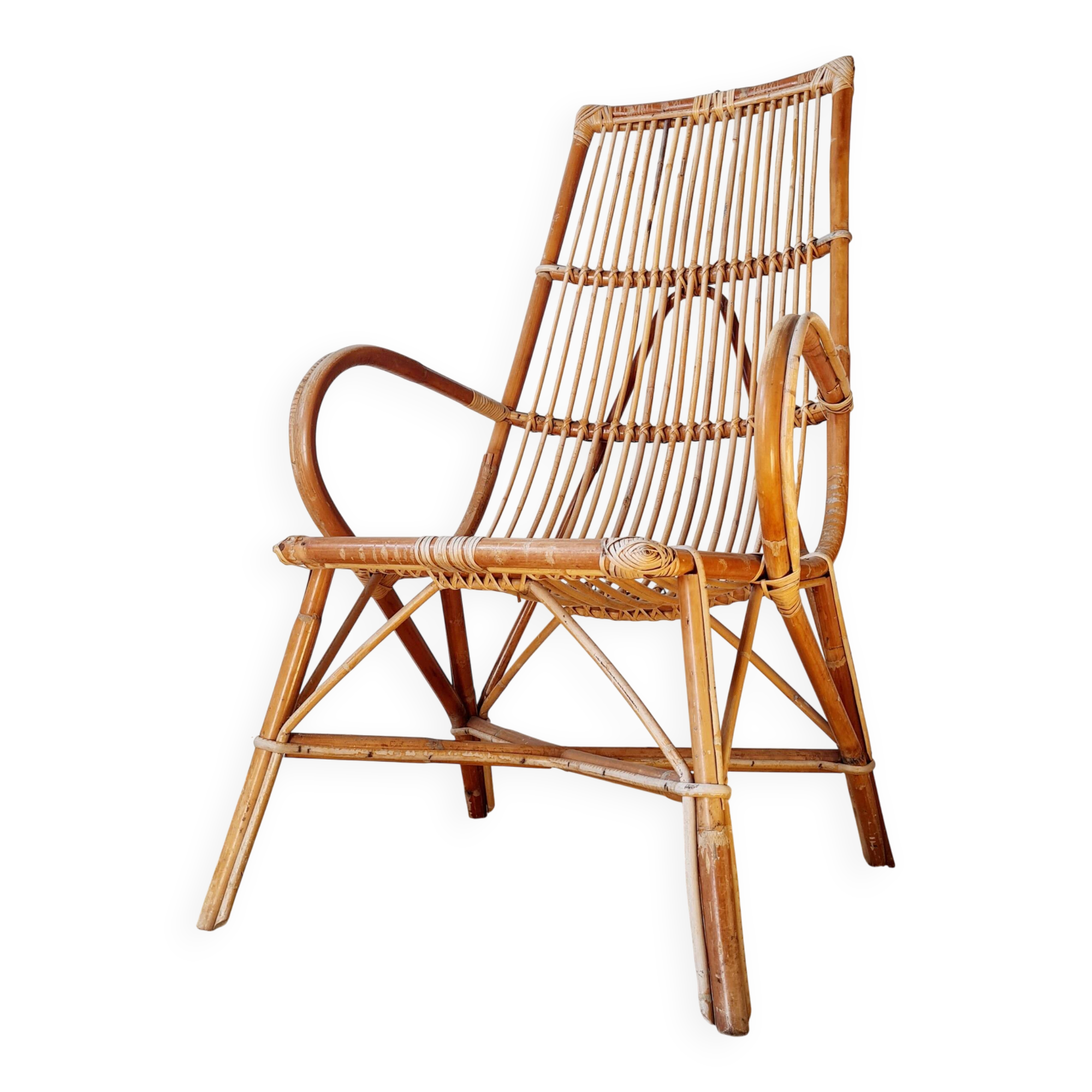 Fauteuil ancien en rotin large dossier