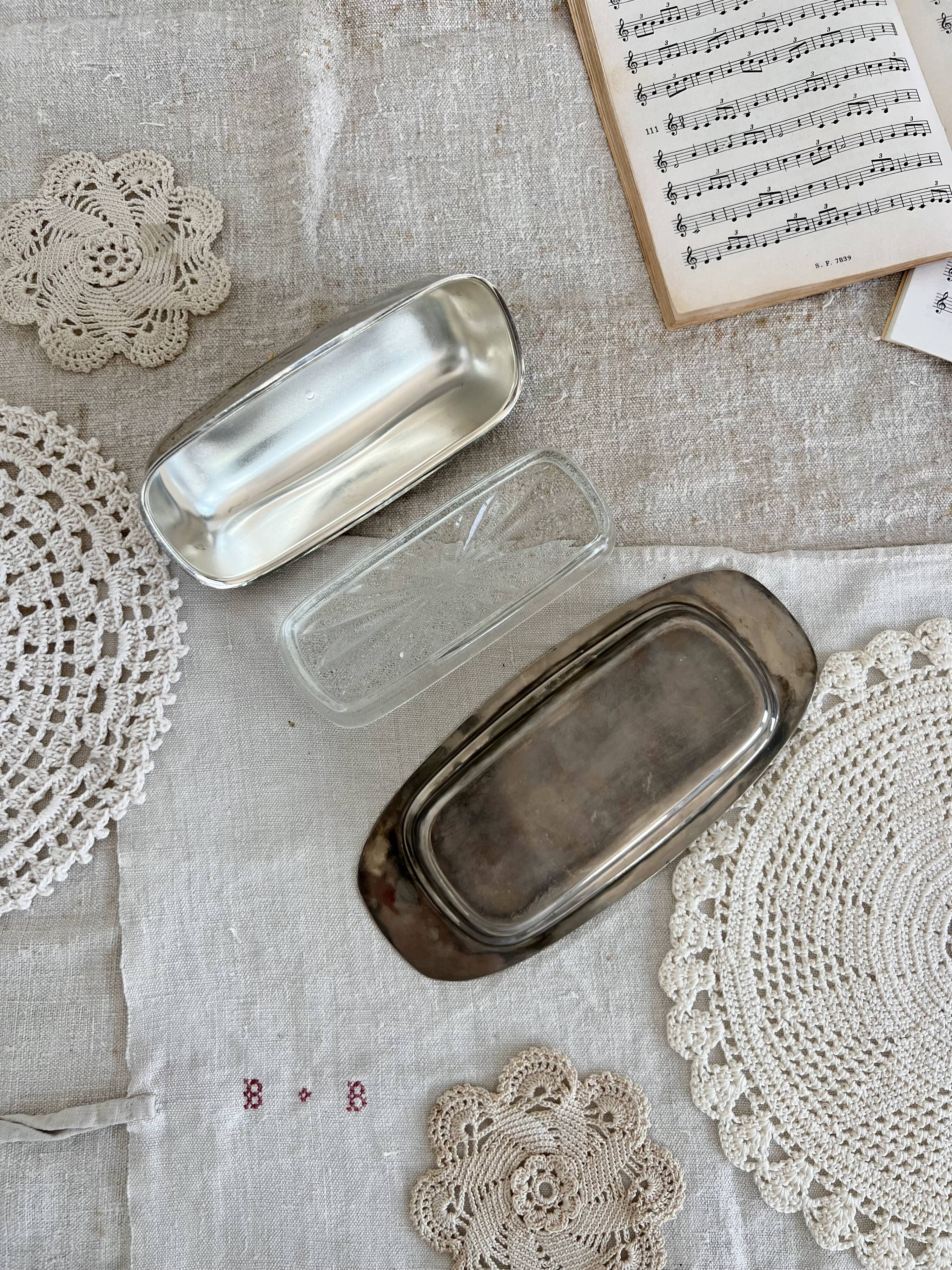 Vintage stainless steel butter dish, acorn and molded glass cup