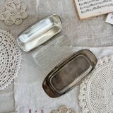 Vintage stainless steel butter dish, acorn and molded glass cup
