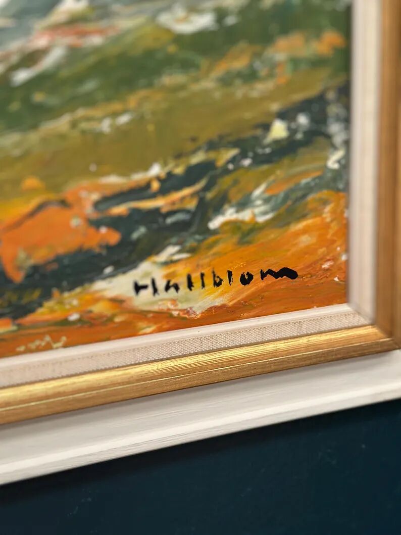 Large Original Swedish Oil on Panel – “Landscape with Houses and Trees” by Stig Hallblom – Signed – Vintage & Framed 90×59.5cm (35.4"×23.4")
