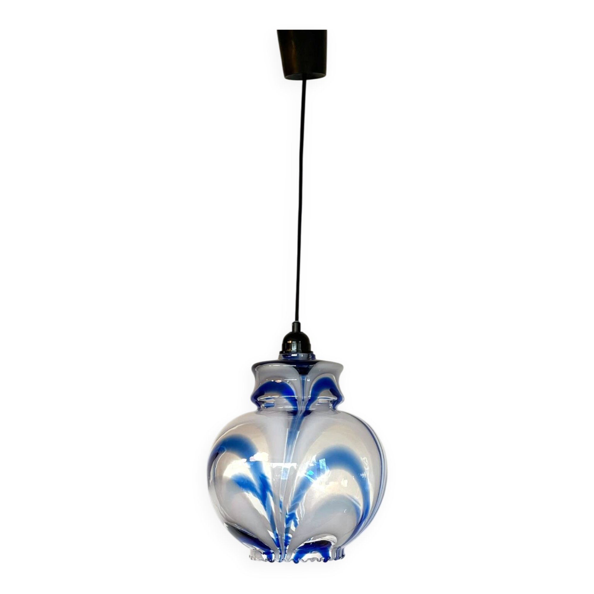 Vintage 1970s Italian Murano suspension in blue ribbed glass.