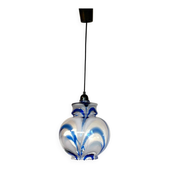 Vintage 1970s Italian Murano suspension in blue ribbed glass.