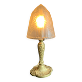 Art Nouveau table lamp in gilded bronze and molded pressed glass globe