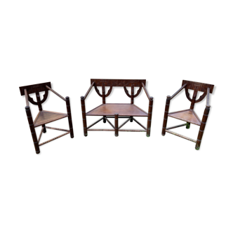 Lot 2 chaises 1 banc vintage en chêne avec un siège triangulaire