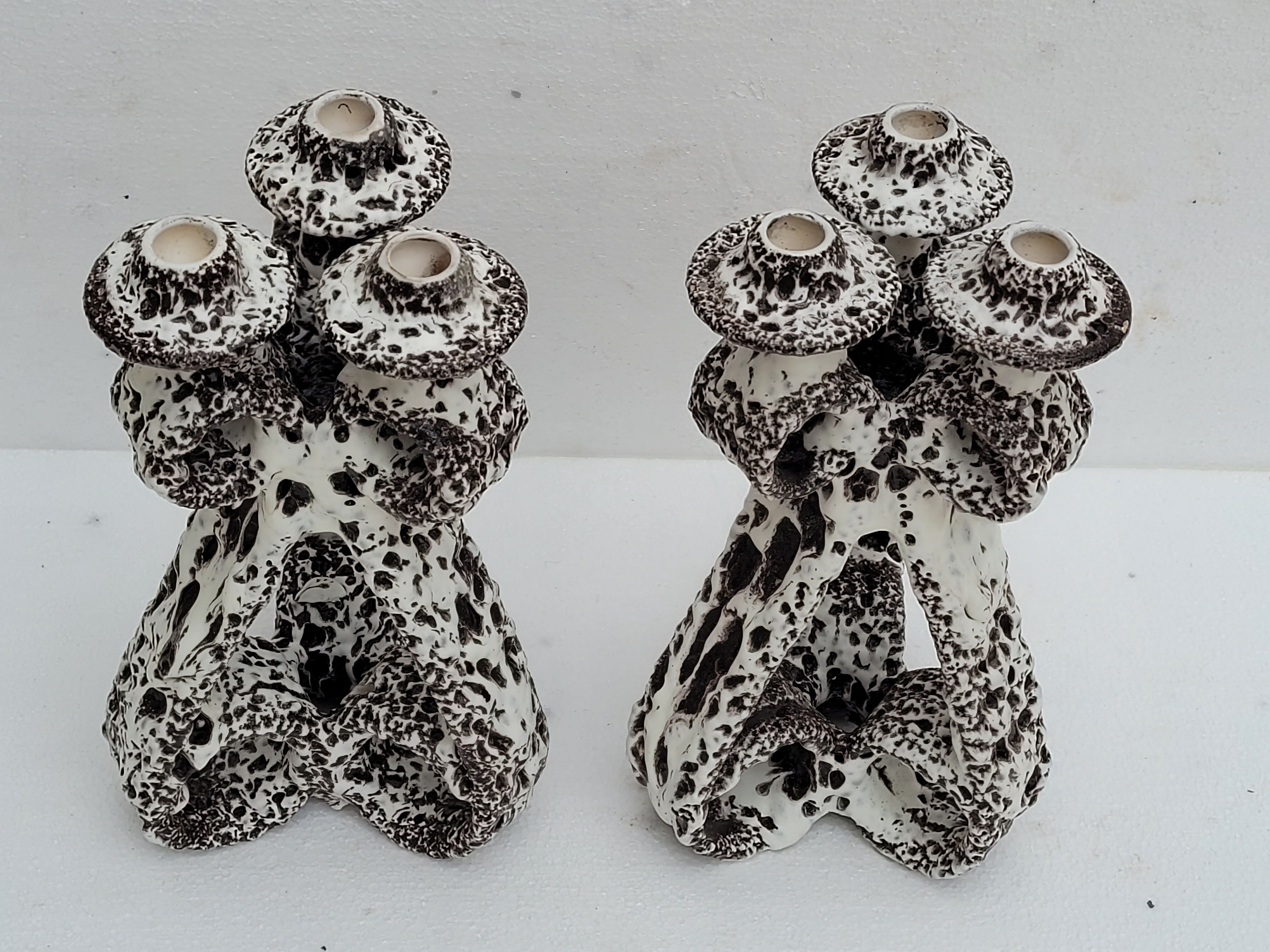 Pair of three-burner candelabra candlesticks by Marius Giuge glazed ceramic Vallauris 1950