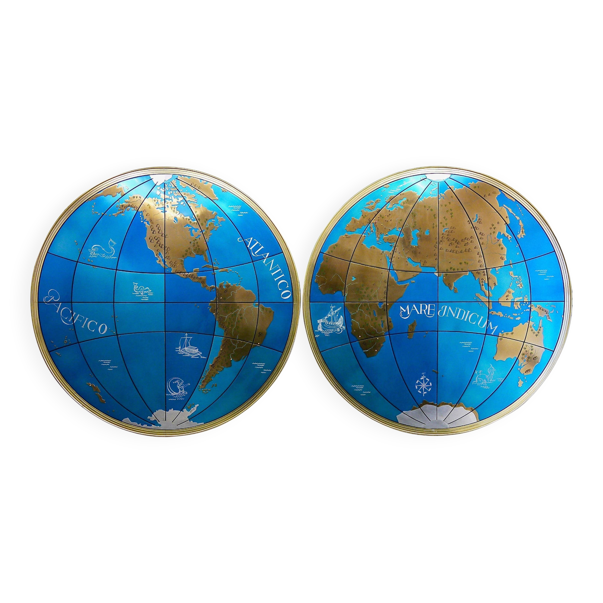 Impressive pair of two giant modern wall globes, world map, diameter 95 inches, 1950s.