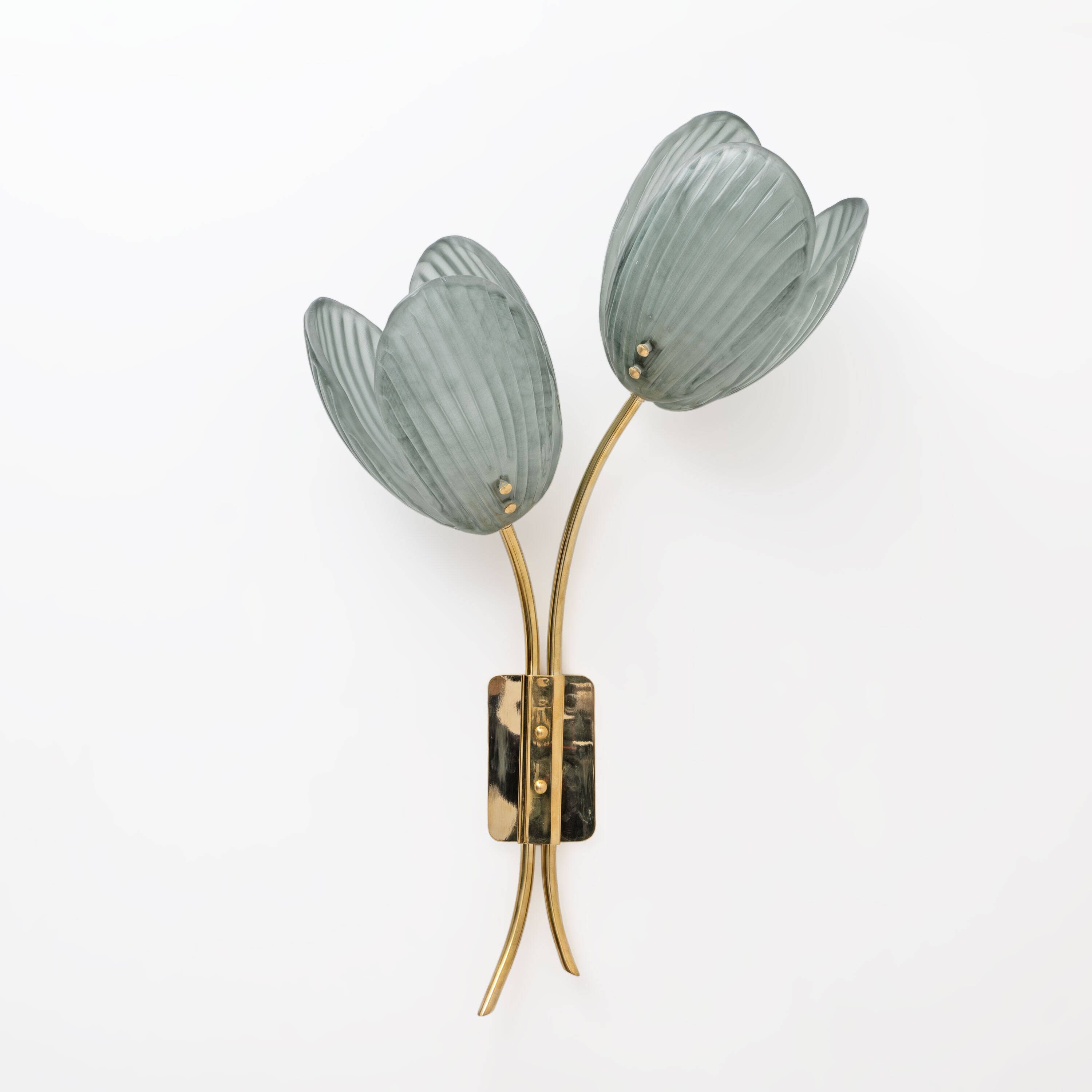Pair of Tulips Murano Glass and Brass Sconces
