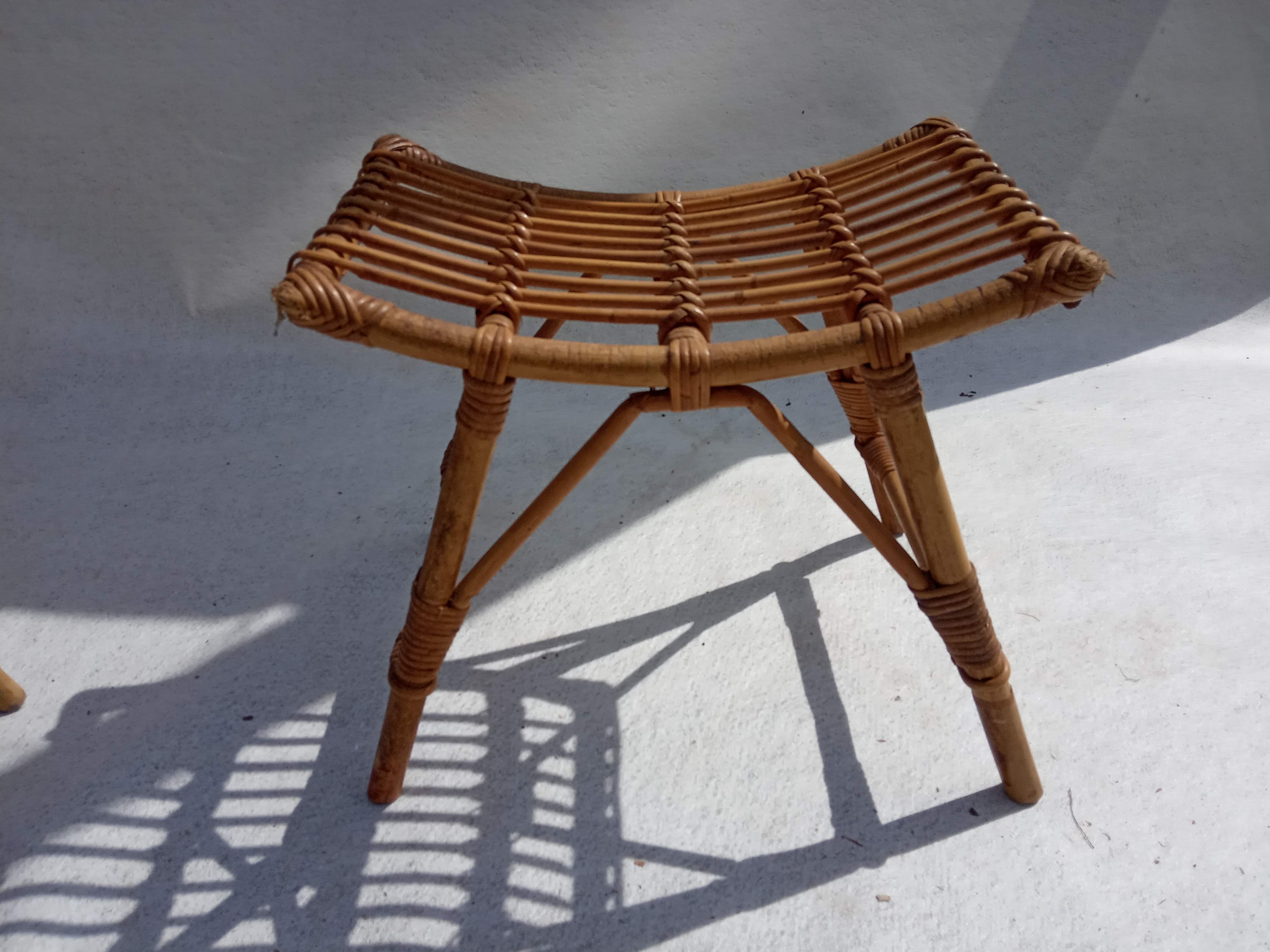 Armchair and footrest in rattan, years 50/60