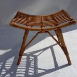 Armchair and footrest in rattan, years 50/60