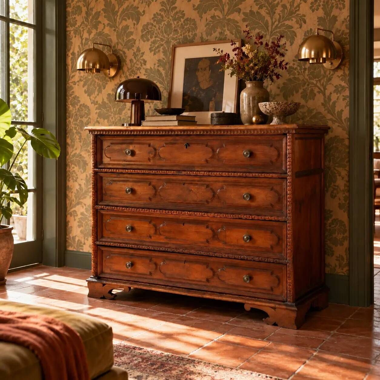 Antique baroque walnut chest of drawers with 4 drawers, 17th century.