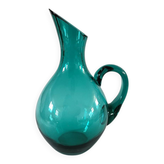 Green Glass Decanter with Handle Mid Century Modern