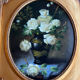 Large still life with white roses in an old gilded oval frame.