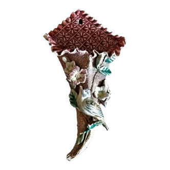 Vase cornet bouquetière barbotine rose oiseau et fleurs