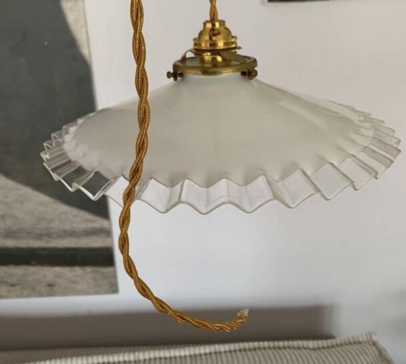 Old pairs of vintage white opaline pendant lights