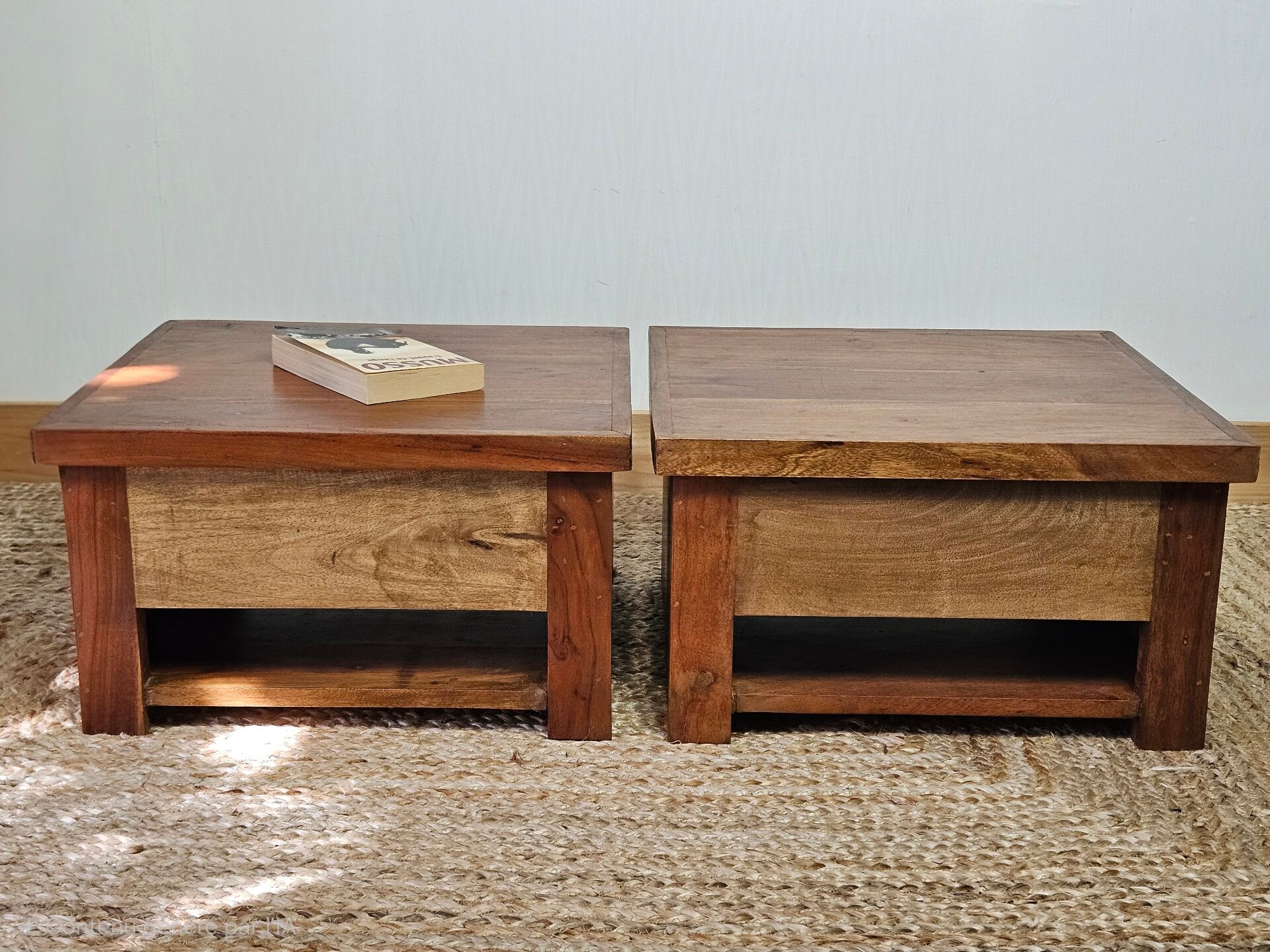 Pair of handcrafted walnut bedside tables from the 20th century.