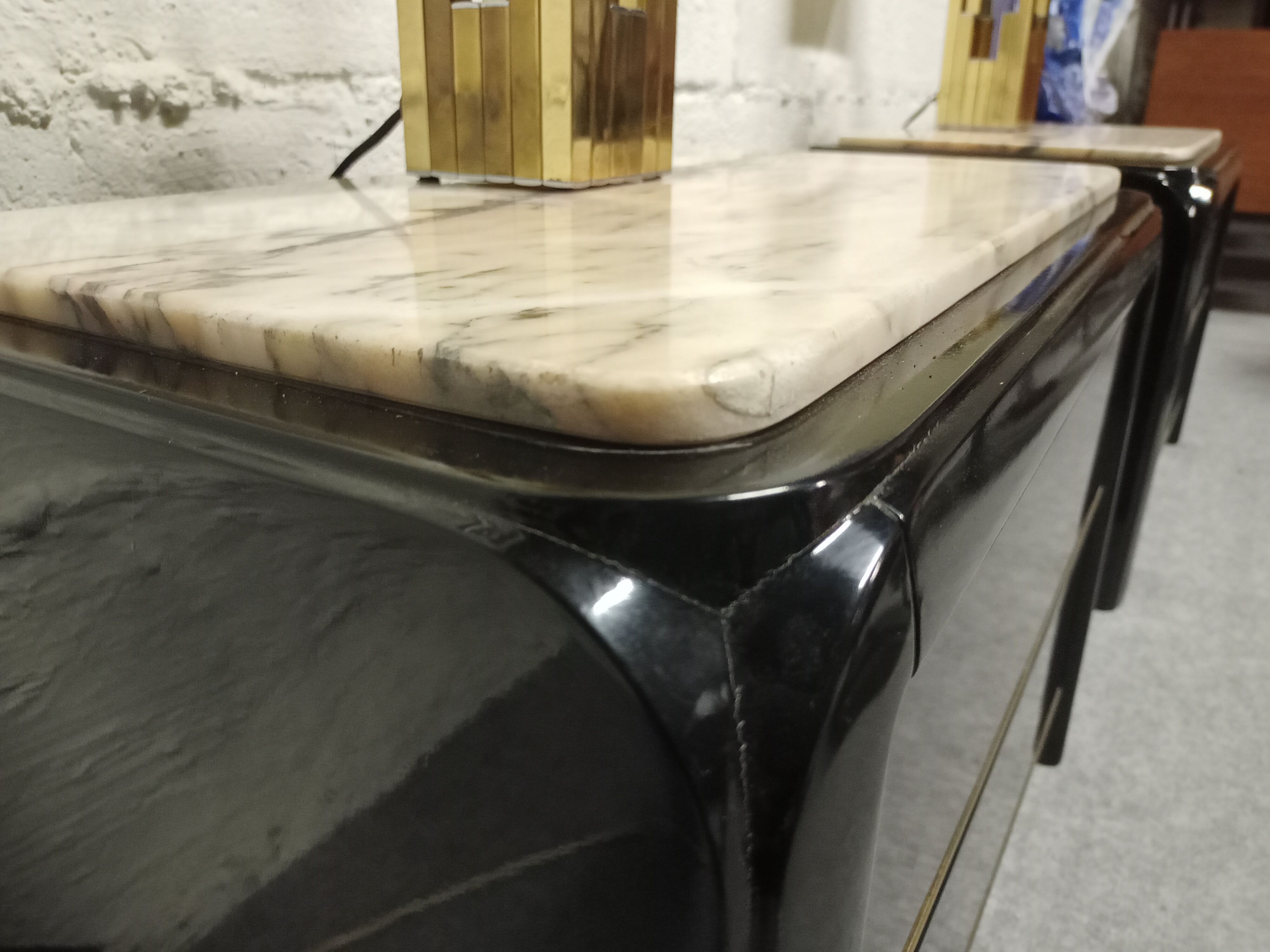 Pair of lacquered and marble bedside tables