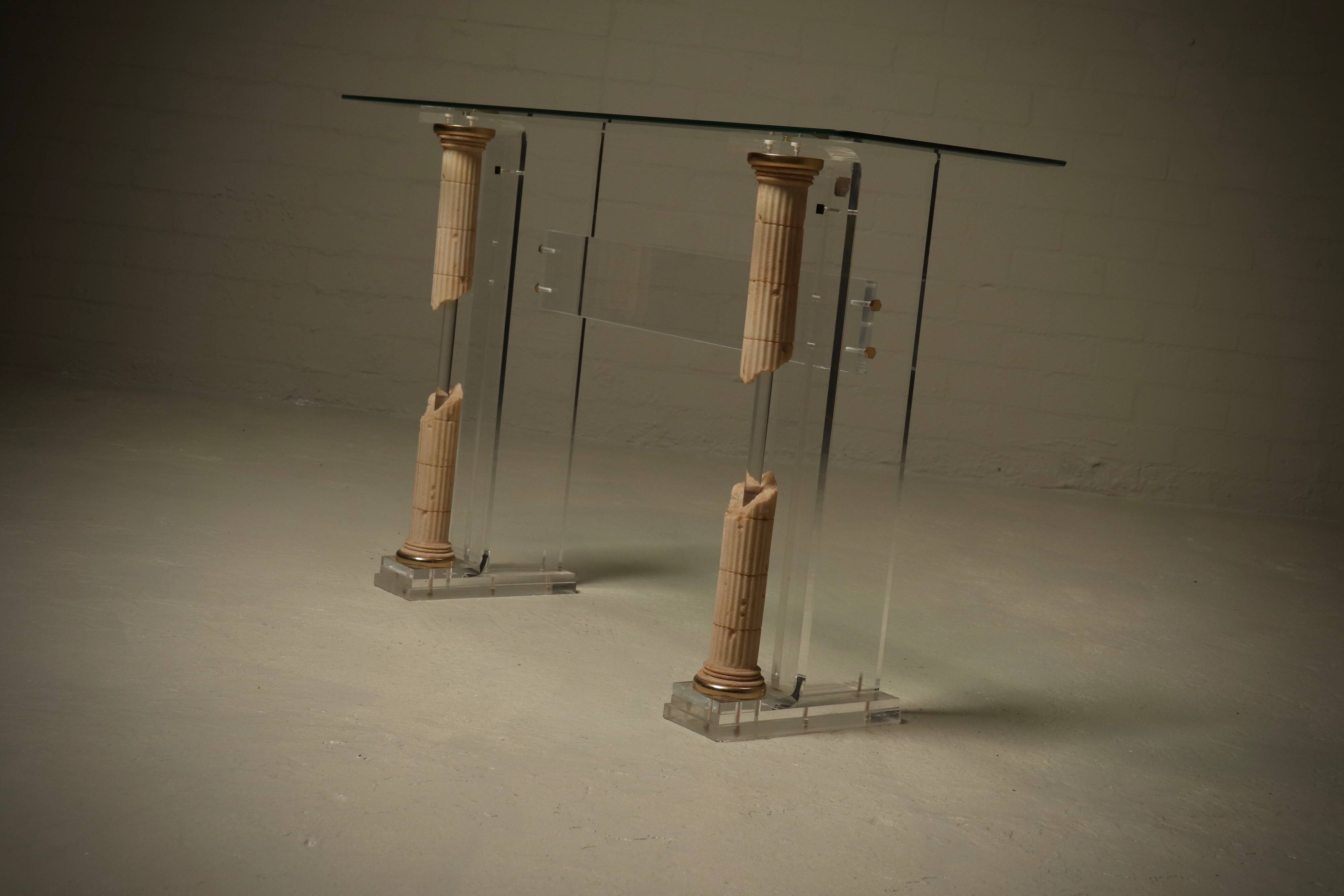 Italian Modern Plexiglass Console Table with Roman Column Details 1980s