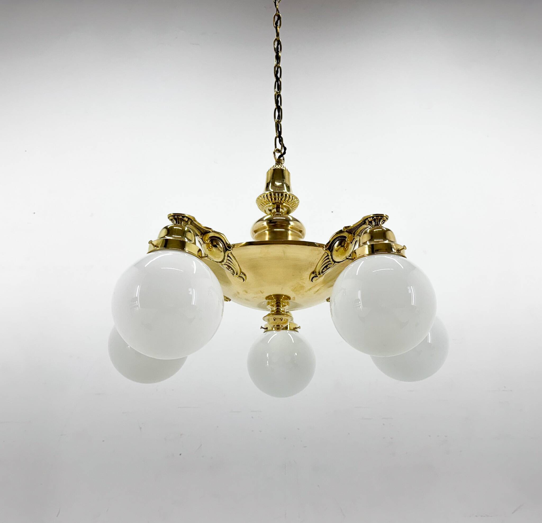Large Art Deco Bras Chandelier, Restored