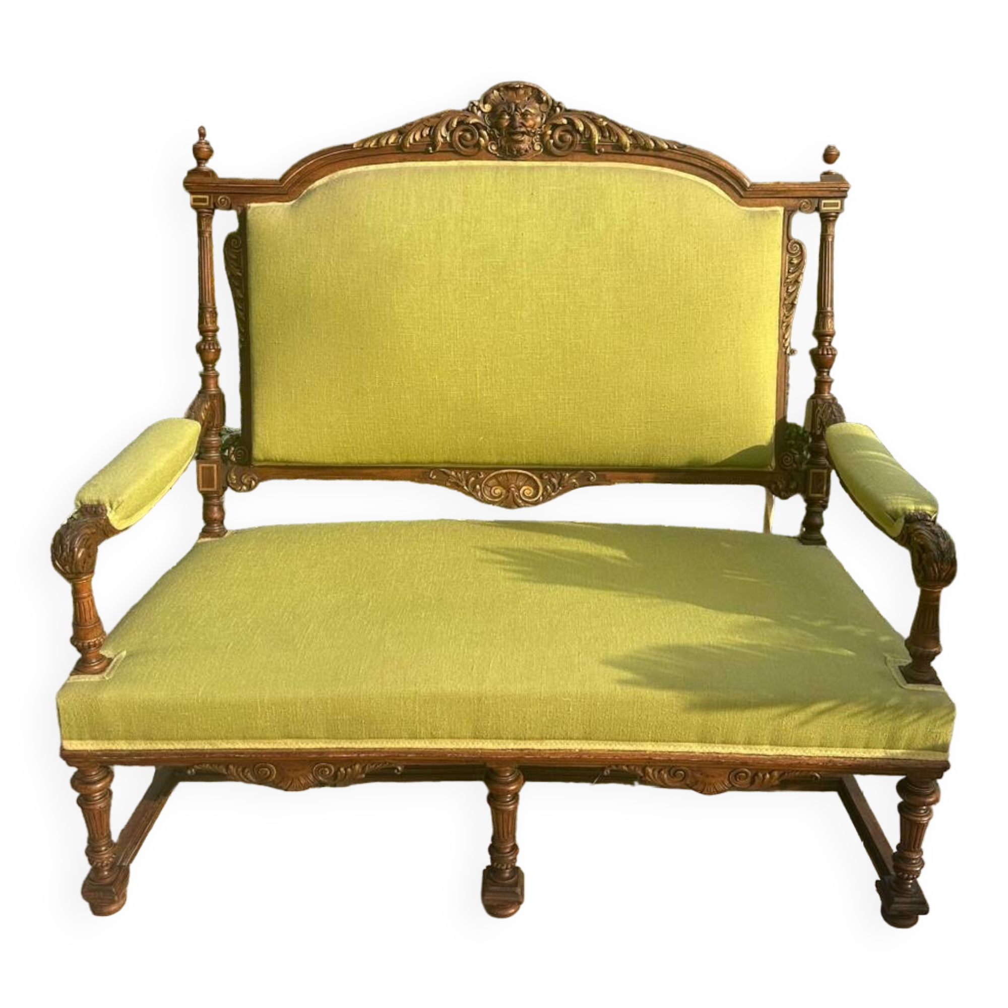 Richly carved solid wood bench in Louis XVI style.