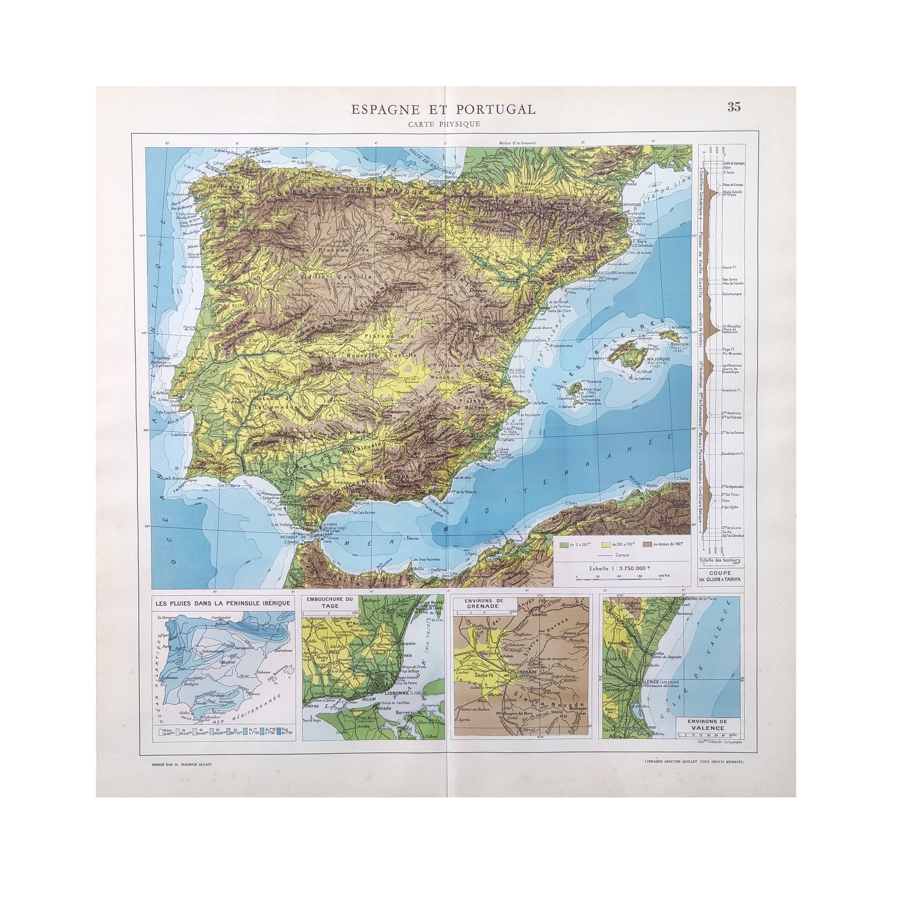 Spain and Portugal map in vintage colors 43x43cm from 1950