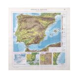 Spain and Portugal map in vintage colors 43x43cm from 1950