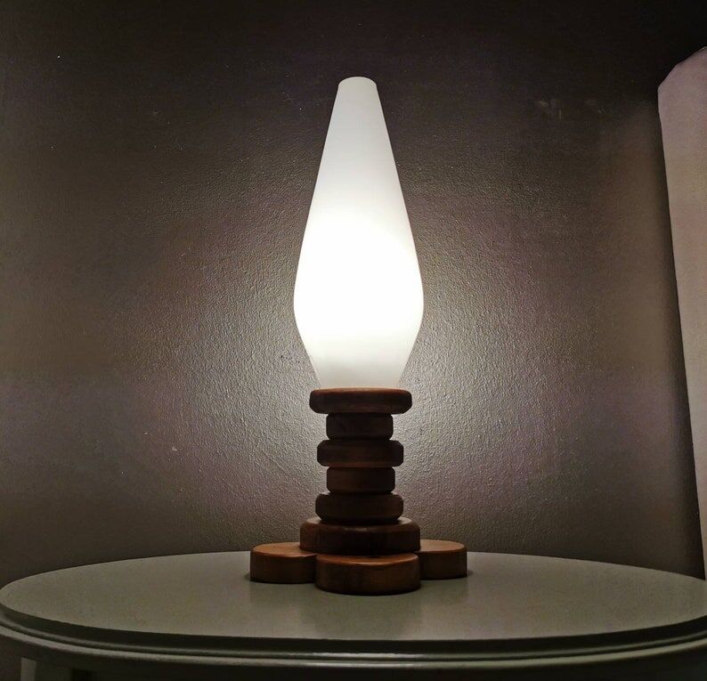 Wooden table lamp with glass chalice, 1970